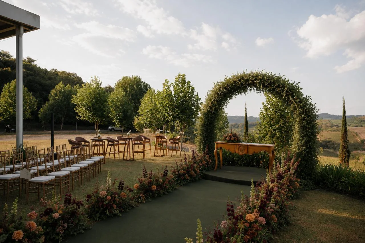 Outdoor wedding ceremony arch with rolling hills, Napa Valley style