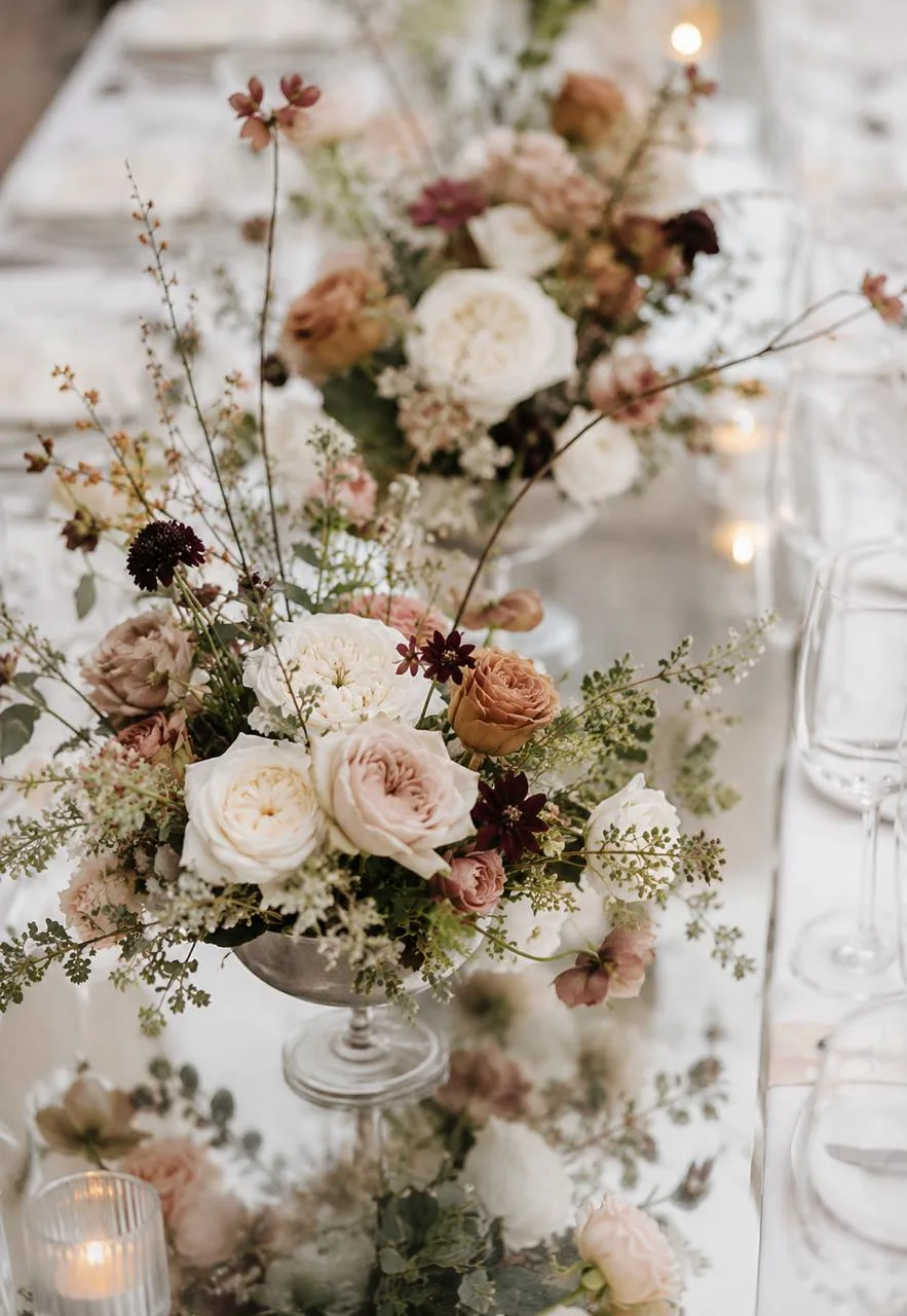 Autumnal arrangement in cream and rust on a dinner table