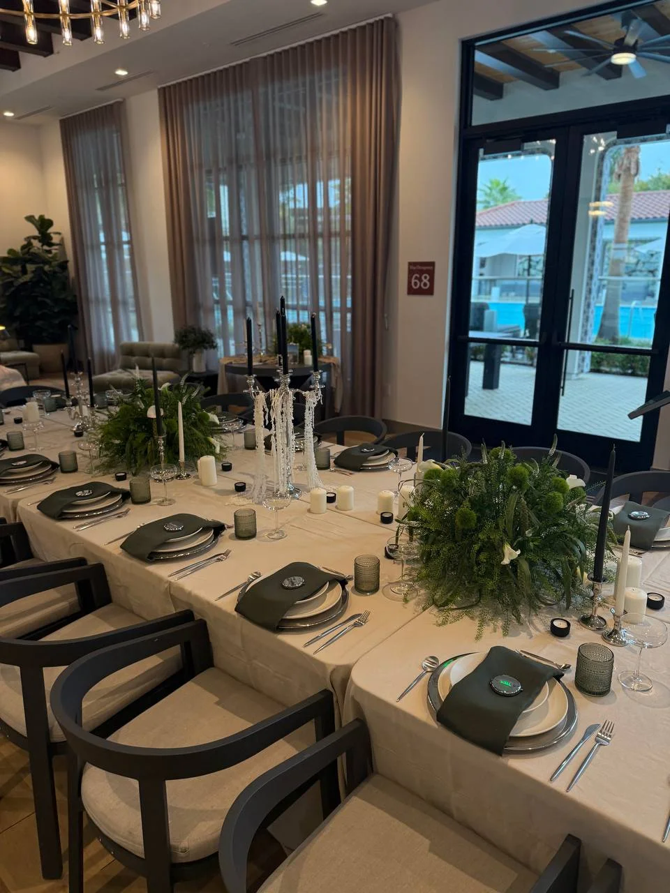 Restaurant interior with fresh floral arrangements on every table