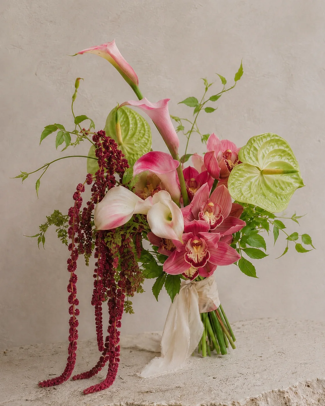 Sculptural bouquet with orchids, callas and amaranthus