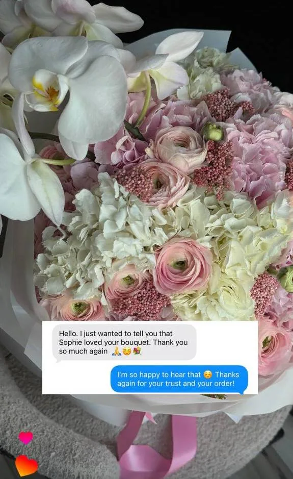 Client message about a pink hydrangea and ranunculus bouquet by Joy Flowers Studio