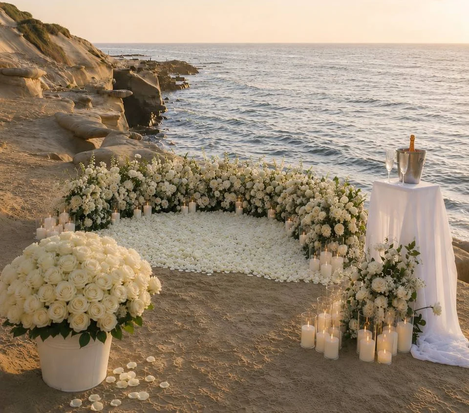 Oceanside proposal setup with white roses, petals and candles by Joy Flowers Studio