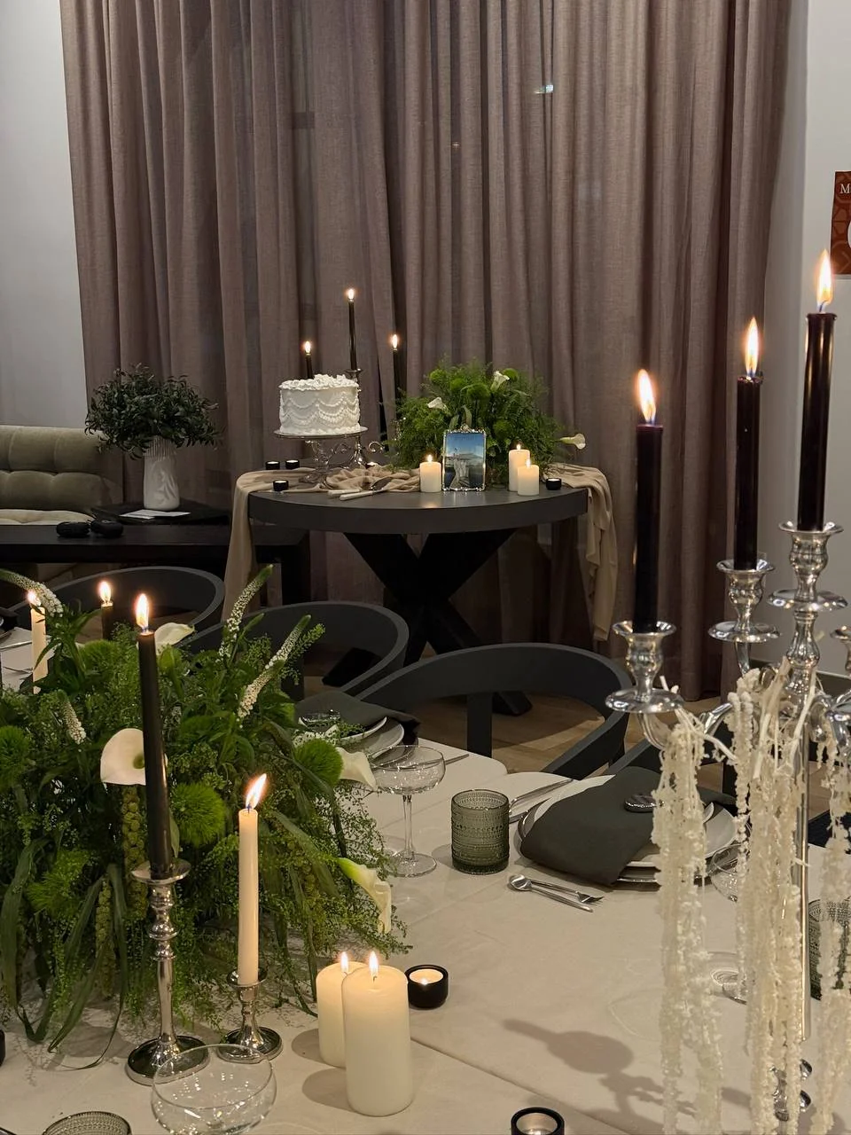 Bridal shower tablescape with greenery, calla lilies and candles by Joy Flowers Studio