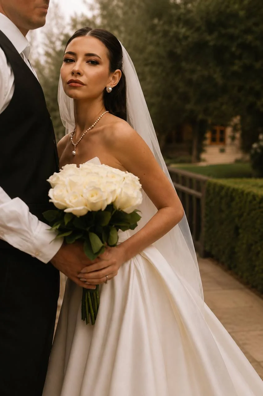 Bride with a white rose bouquet — wedding florist Joy Flowers Studio